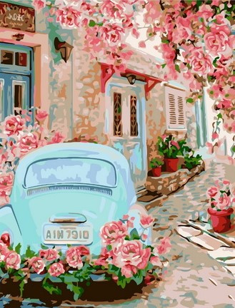 Картина по номерам 40x50 Нежно-голубой автомобиль на улице роз