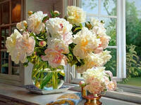 Без бренда «Ваза с букетом белых пионов у окна» в Оренбурге