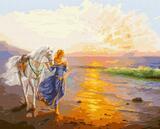 Картина по номерам 40x50 Блондинка с лошадью на берегу моря