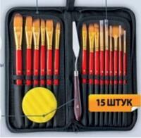 Без бренда «Коробка 50 шт.: Набор кистей для рисования в чехле, премиум набор (15 нейлоновых кистей, 1 мастихин) красные» в Оренбурге