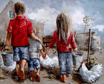 Мальчик и девочка кормят птиц