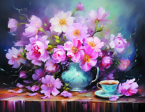 Натюрморт с цветами и чашкой на столе