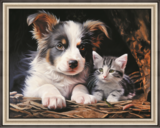 Алмазная мозаика 40x50 Щенок и полосатый котенок