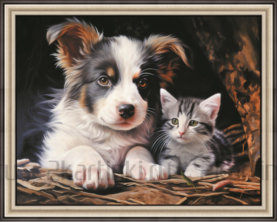 Алмазная мозаика 40x50 Щенок и полосатый котенок