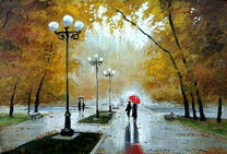 Пара под красным зонтом в осеннем парке