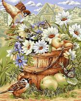 Воробушки у ведерка с цветами и яблоками